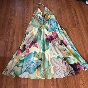 Valiant‎ Paris Green Leaves Metal Sequin Paisley Beaded high low Dress Size M/L